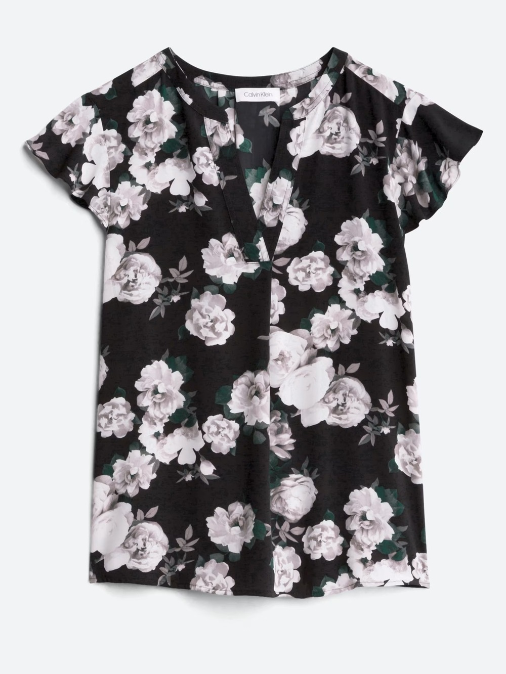 Calvin Klein Tallia Flutter Sleeve Blouse Black Gray White Floral Print Size M